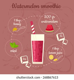 Watermelon smoothie recipe. Menu element for cafe or restaurant with energetic fresh drink. Fresh juice for healthy life.