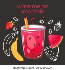 Watermelon smoothie. Summer, refreshing drink with watermelon, banana, strawberry. Vector illustration.