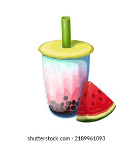 Watermelon smoothie with tapioca balls vector illustration. Cartoon isolated boba milk tea, juice fruit drink in plastic cup with lid and straw from street cafe menu, summer flavored cocktail