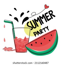 Watermelon and smoothie vector illustration designed in doodle style in summer theme for postcard, t-shirt design,  Pillow designs, logos, stickers, fabric prints, mug and more