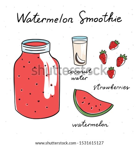 Watermelon Smoothie vector recipe with hand drawn ingredients. Cute outline illustrations with healthy cocktail. Summer fruit and berry beverage