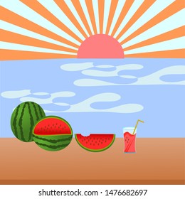Watermelon and soft drink on beach summer day.