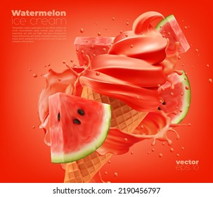 Wassermelone weiche Eis Kegel mit Splash. Vektor-fruchtiges Eis in Waffelbecher mit rotem Swirl und saftigen Tropfen. Süßigkeiten aus Creme, Süßigkeiten aus Wassermelone, realistischer Imbiss