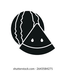 A melancia em silhueta sólida com marcas de semente em negrito oferece um ícone de fruta forte e suculento.