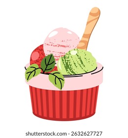 Watermelon sorbet in a cup with wooden spoon. Flat Ice cream illustration on white. Summer dessert, healthy sweet treat. Ideal for logos, stickers, food packaging, cafe branding, social media.