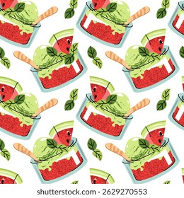 Watermelon sorbet seamless pattern. Background with glass bowl with ice cream,fresh slice watermelon and mint leaves. Summer textiles, dessert packaging, cafe decor, healthy food branding.