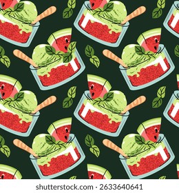 Watermelon sorbet seamless pattern. Background with glass bowl with ice cream,fresh slice watermelon and mint leaves. Summer textiles, dessert packaging, cafe decor, healthy food branding.