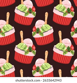 Patrón sin fisuras sorbete de sandía. Fondo con taza con cuchara de madera de helado y hojas de menta en estilo plano. Textiles de verano, empaquetado del postre, decoración del café, suministros del partido. Ilustración vectorial
