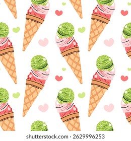 Watermelon sorbet seamless pattern. Flat design ice cream scoops in waffle cone. Summer textiles, dessert packaging, cafe decor, party supplies. Vector illustration