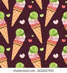 Watermelon sorbet seamless pattern. Flat design ice cream scoops in waffle cone. Summer textiles, dessert packaging, cafe decor, party supplies. Vector illustration