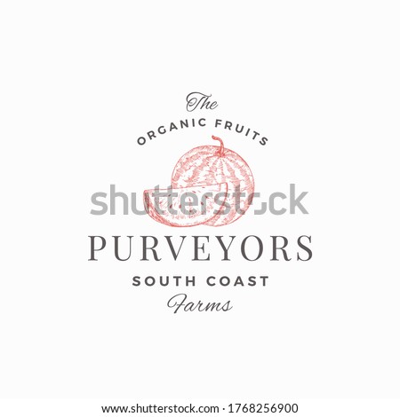 Watermelon South Farm Abstract Vector Sign, Symbol or Logo Template. Hand Drawn Sketch Fruit with a Slice and Premium Modern Typography. Luxury Food Emblem. Isolated.