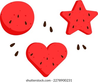 Watermelon Star Heart Ball Piece Red Fruit Tropical Juicy Summer  Isolated