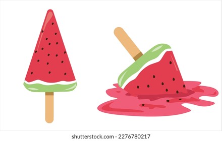 Watermelon stick ice cream cartoon vector illustration on white background. Dropped ice cream clipart. Ice cream dropped and mellted on the floor. 3D Style.