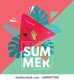 Watermelon  stick & summer icon on Red Ruby background with leaves