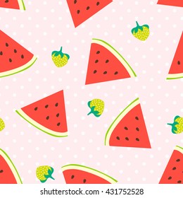 Watermelon and strawberries seamless pattern with polka dots