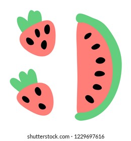 Watermelon and strawberry hand drawn vector illustration. Print isolated on white background