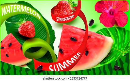 Watermelon, Strawberry. Juicy Fruits and Berries on a Summer, tropical background for advertising juice, Smoothies, Cocktails, Drinks.Hibiscus.3d Realistic Vector package design.