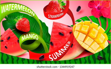 Watermelon, Strawberry. Juicy Fruits and Berries on a Summer, tropical background for advertising juice, Smoothies, Cocktails, Drinks.Hibiscus.3d Realistic Vector package design.
