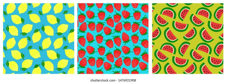 Watermelon, strawberry, lemon. Fruit seamless pattern set. Fashion clothing design. Food print for dress, skirt, linens or curtain. Hand drawn vector sketch background collection