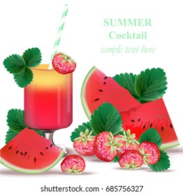 Watermelon and Strawberry smoothie delicious Vector green leaf