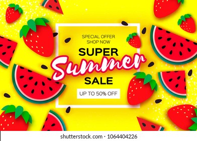 Watermelon and Strawberry Super Summer Sale Banner in paper cut style. Origami juicy ripe watermelon slices. Healthy food on yellow. Square frame for text. Summertime.