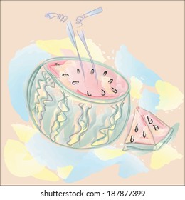watermelon with straws and a piece