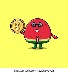Watermelon successful businessman holding gold coin cartoon vector image