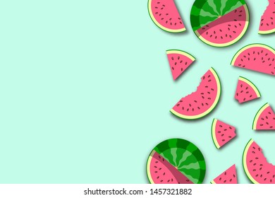 Watermelon. Summer background with whole fruit and fresh juicy watermelon slices. Vector illustration 