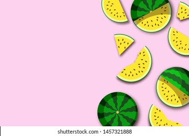 Watermelon. Summer background with whole fruit and fresh juicy yellow watermelon slices. Vector illustration 
