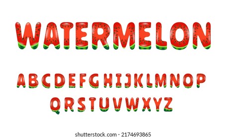 Watermelon summer bright font. Cartoon decorative alphabet. Glossy letters isolated on white. For package, poster, banner, T-shirt, brochure design. Vector illustration