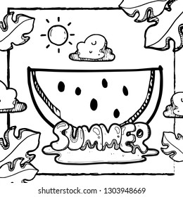 Watermelon, Summer doodle banner. Vector illustration, copyspace