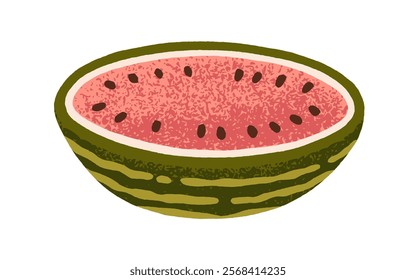 Watermelon, summer fruit. Juicy red water melon piece, cut half with black seeds, fresh sweet healthy food. Natural ripe seasonal berry. Flat vector illustration isolated on white background