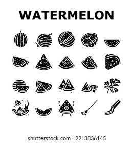 watermelon summer fruit slice icons set vector. melon red food, water juice, green fresh sweet, pink juicy, tropical seed watermelon summer fruit slice glyph pictogram Illustrations