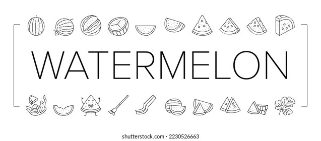 Wassermelonen Sommerfruchtschnitt Symbole Set Vektorgrafik. Melonenrotes Essen, Wassersaft, grüner frischer, süßer, rosafarbener Samen, Wassermelone Sommerfruchtscheibe schwarze Kontur Illustrationen