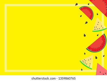watermelon summer on yellow background with black seeds. Flat icon slices of watermelon. Vector illustration. 