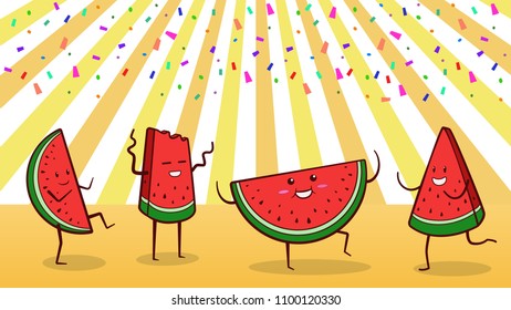 Watermelon Summer Party – group of four happy watermelon characters dancing