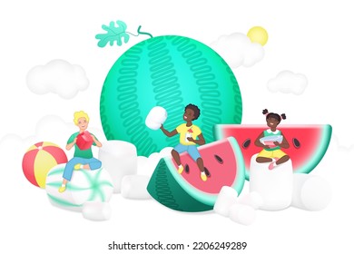 Watermelon summer party and tiny kids vector illustration. Cartoon cute small boys and girls eat sweet marshmallow food and drink juice, children play among giant slices of juicy watermelon and ball