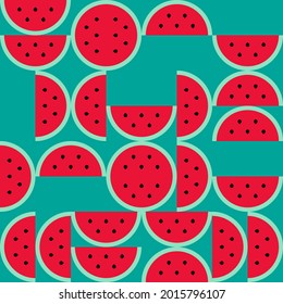 Watermelon summer pattern. Geometrical watermelon. Green background. Square format. Vector illustration, flat design