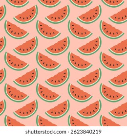 Watermelon summer pattern on pink background. Simple seamless pattern with watermelon slices. Vector design for greeting card and invitation of seasonal summer holiday