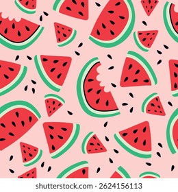 Watermelon summer pattern on pink background. Simple seamless pattern with watermelon slices. Vector design for greeting card and invitation of seasonal summer holiday.