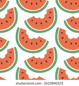 Watermelon summer pattern on white background. Simple seamless pattern with watermelon slices. Vector design for greeting card and invitation of seasonal summer holiday
