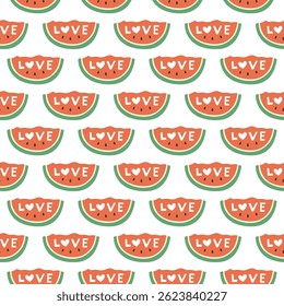 Watermelon summer pattern on white background with love. Simple seamless pattern with watermelon slices. Vector design for greeting card and invitation of seasonal summer holiday