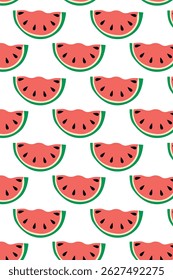 Watermelon summer pattern on white background. Simple seamless pattern with watermelon slices. Vector design for greeting card and invitation of seasonal summer holiday