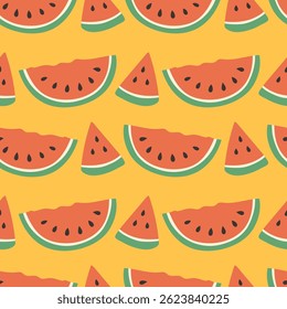 Watermelon summer pattern on yellow background. Simple seamless pattern with watermelon slices. Vector design for greeting card and invitation of seasonal summer holiday