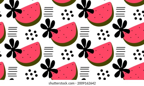 Watermelon summer pattern. Seamless pattern with spots lines and flowers. Juicy watermelon background.  