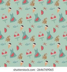 Watermelon summer pattern,Seamless pattern with watermelon,Beach party  repeating pattern with swimsuit,ice cream,red fruit,coral,fish on green background