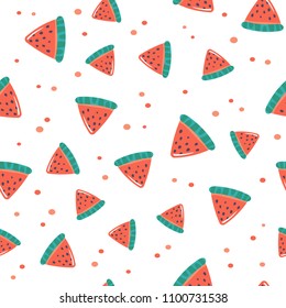 Watermelon summer repeated seamless pattern. Juicy red slices of watermelon with drops of juice isolated on white background. Print for textile or wallpaper design. Hand-drawn background.