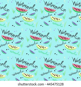 Watermelon summer seamless pattern. Summer colorful illustration, vector. Summer mood. Red, yellow, purple watermelon. Healthy tropical food. Natural elements. Tasty slices of watermelon.