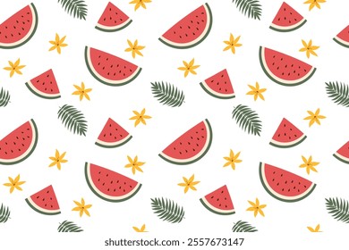 Watermelon summer seamless pattern. Watermelons, leaves and flowers on white background. 