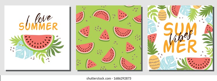 Watermelon summer set. Cute creative cards templates with watermelon. Text I love summer, Summer vibes. Green watermelon seamless pattern. Graphic digital paper wallpaper texture. Vector illustration.